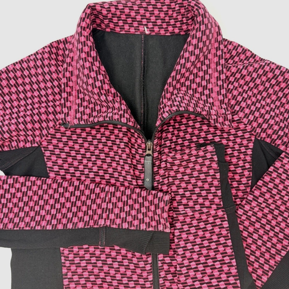Lululemon Pink Black Checkered Full Zip Athletic Jacket Thumbholes Womens 8